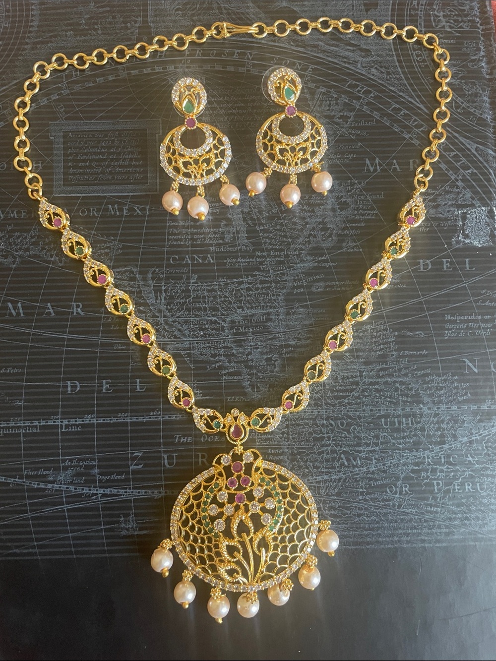 Gold-Tone Pearl Pendant Necklace Set with Pink & Green Gem Accents